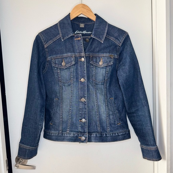 Eddie Bauer Women’s Dark Wash Denim Jean Jacket Small Stretch Classic Preppy - Picture 1 of 6